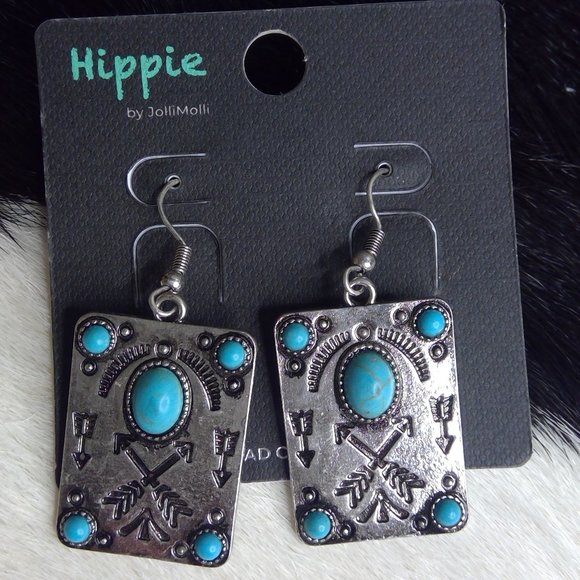 Arrows Design Faux Turquoise Western Cowboy / Cowgirl Dangling Earrings - Picture 1 of 1